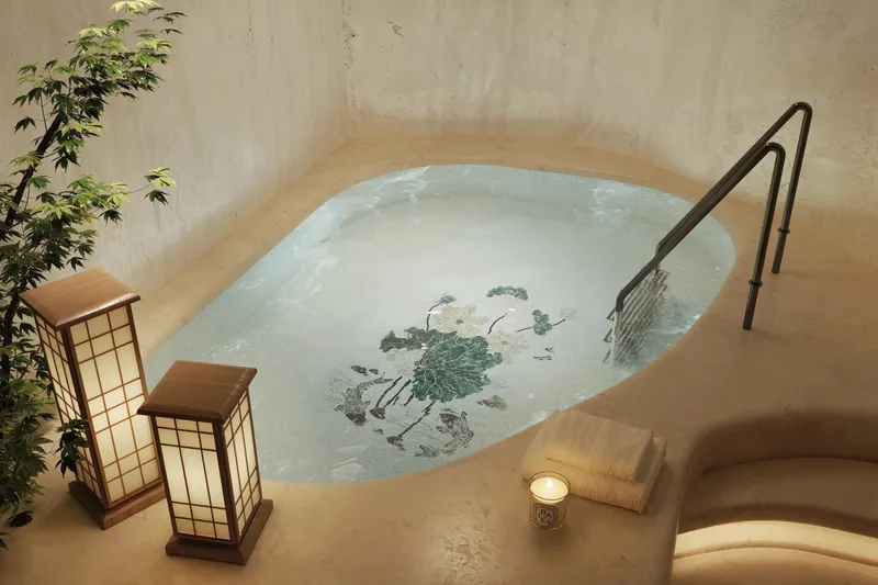Render of the Mamsha Palm plunge pool with a mosaic floor and timber lanterns