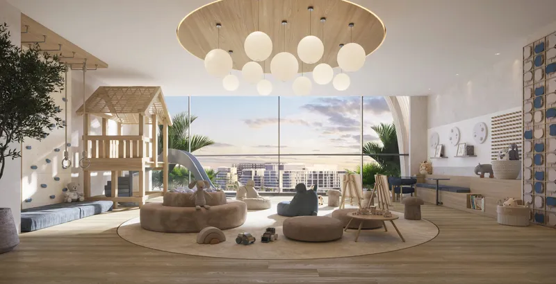 Render of the Mamsha Palm kids’ play area with a timber playhouse, soft seating and sea-facing windows