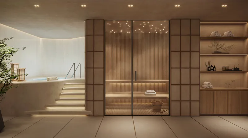 Render of the Mamsha Palm bathhouse with a timber sauna behind glass doors and a plunge pool