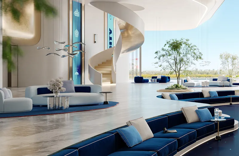 Lounge with blue sunken seating and a spiral staircase overlooking the water