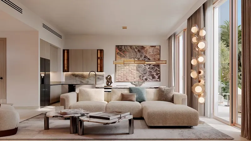 Duplex living room with an open kitchen and full-height windows to the garden