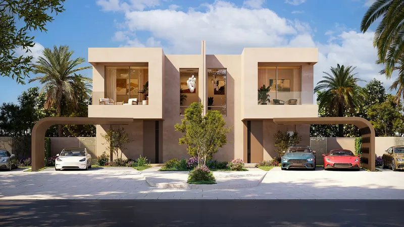 Street view of a pair of two-storey duplex homes with arched car porches and palm trees