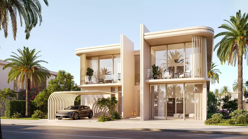 Front of a five-bedroom villa with tall glazing, balconies and a covered car porch