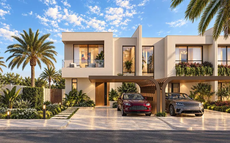 Two-storey townhouses with covered driveways and palm trees