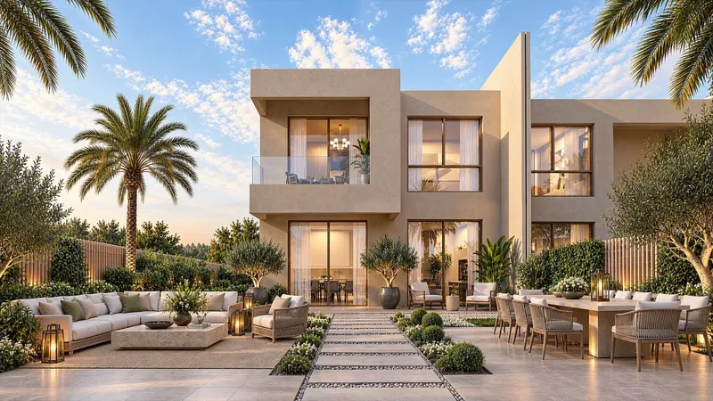 Villa garden with an outdoor lounge and dining terrace at dusk