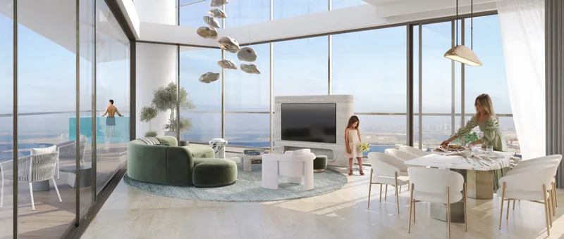 Render of an apartment living and dining room at Mar Casa with floor-to-ceiling windows facing the sea