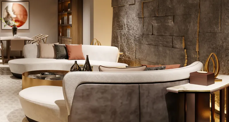 Render of the residents' lounge at Mar Casa with curved sofas and warm lighting