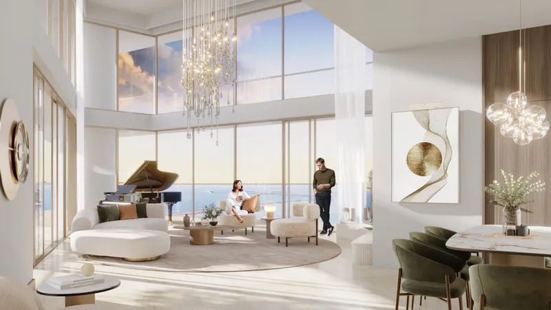 Render of a double-height penthouse living room at Mar Casa with a grand piano and panoramic windows