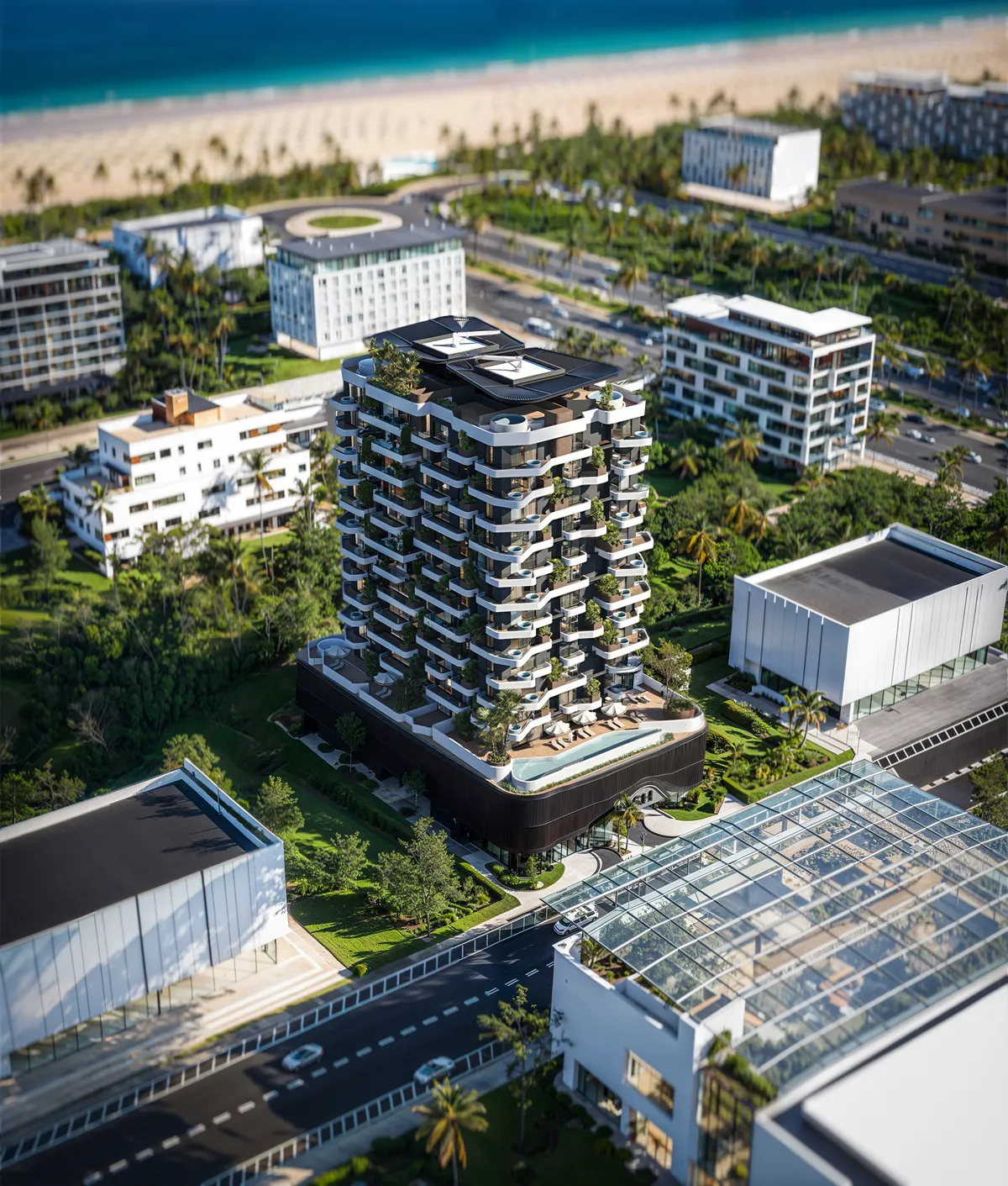 Aerial render of Marea Residences on Dubai Islands with the beach and sea behind
