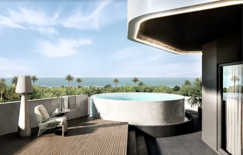 Render of a private terrace with a jacuzzi at Marea Residences looking towards the sea