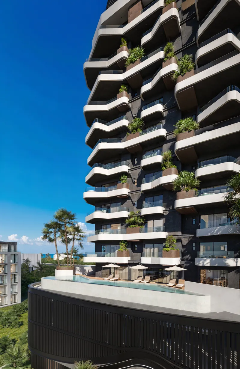 Render of the curved balconies of Marea Residences above the podium pool deck
