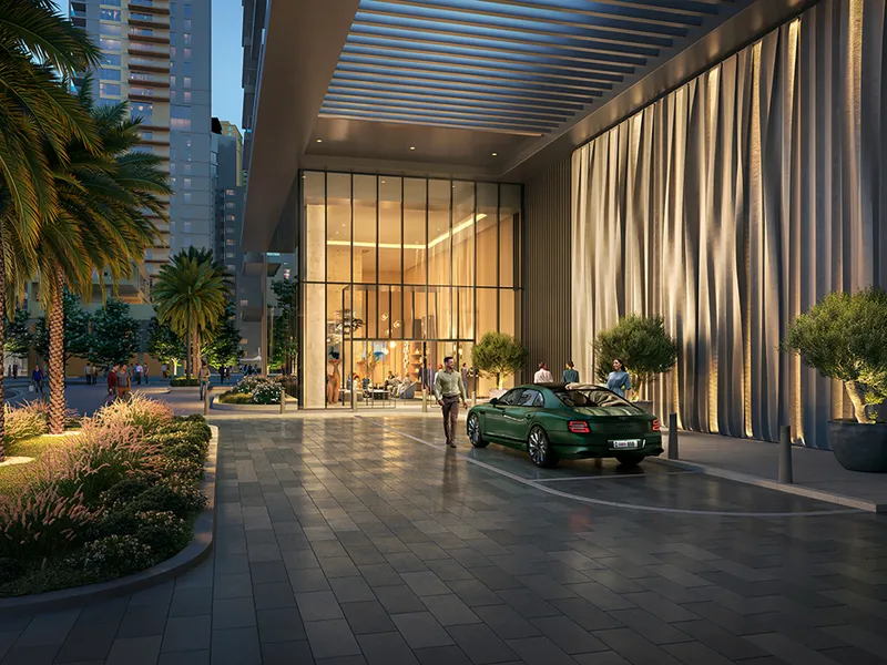 Render of the covered arrival court and entrance at Marina Cove
