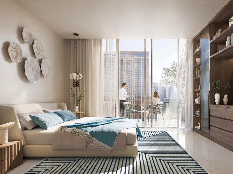 Interior render of a Marina Cove bedroom opening onto a balcony