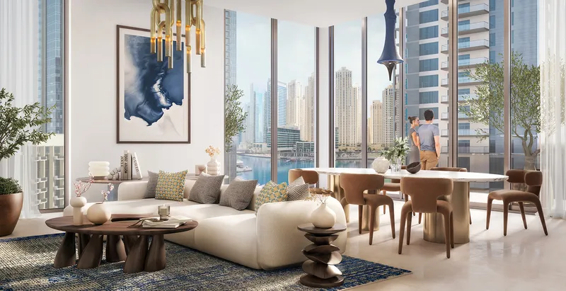 Interior render of a Marina Cove living and dining room with floor-to-ceiling windows and marina views