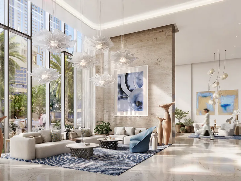 Interior render of the double-height Marina Cove lobby