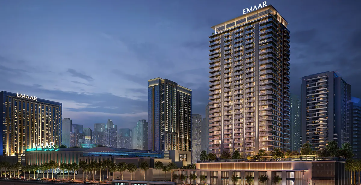 Render of the Marina Cove tower at dusk above its podium in Dubai Marina