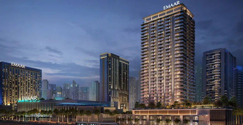 Render of the Marina Cove tower at dusk above its podium in Dubai Marina