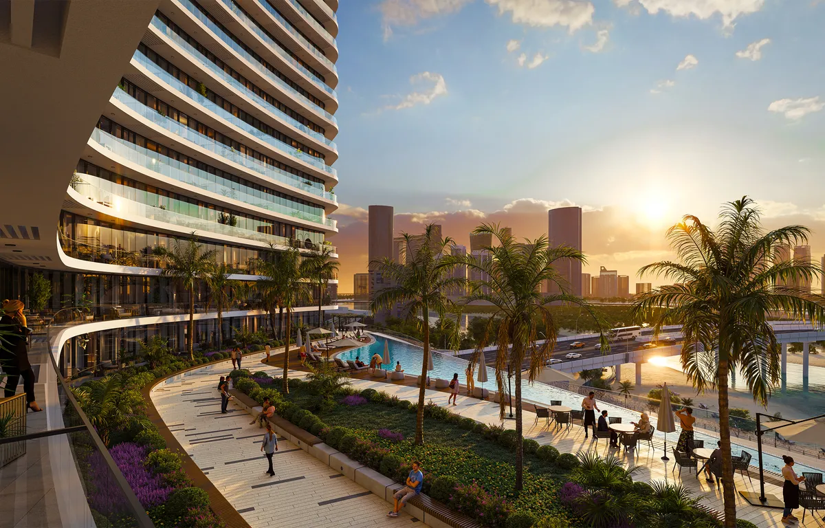 Marlin II pool deck with palm-lined walkways beside the curved tower on Al Reem Island, Abu Dhabi, at sunset (developer render)