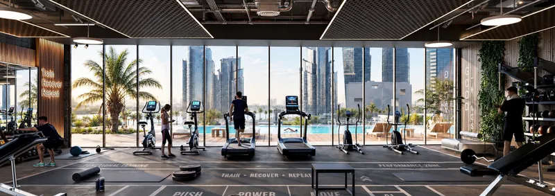 Marlin Icon gymnasium with treadmills facing full-height windows and the pool (developer render)