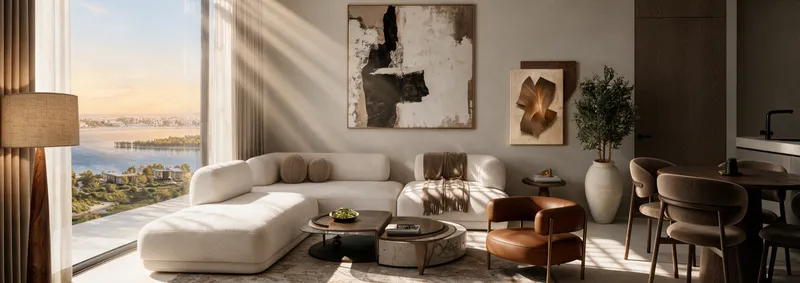 Living room in a Marlin Icon apartment with a full-height window over the water (developer render)