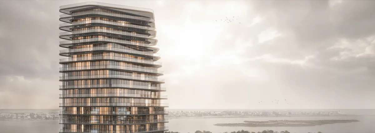 Marlin Icon residential tower on Al Reem Island, Abu Dhabi, with curved balconies wrapping each floor (developer render)