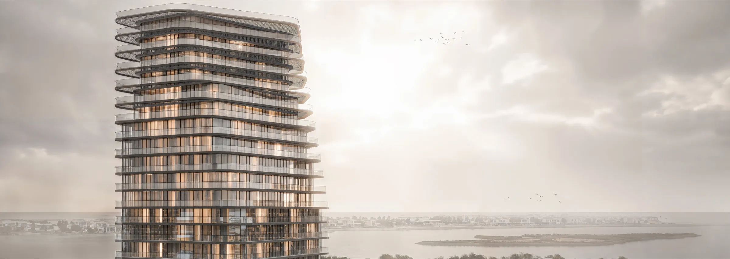 Marlin Icon residential tower on Al Reem Island, Abu Dhabi, with curved balconies wrapping each floor (developer render)