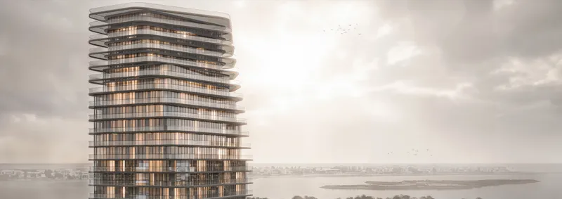 Marlin Icon residential tower on Al Reem Island, Abu Dhabi, with curved balconies wrapping each floor (developer render)