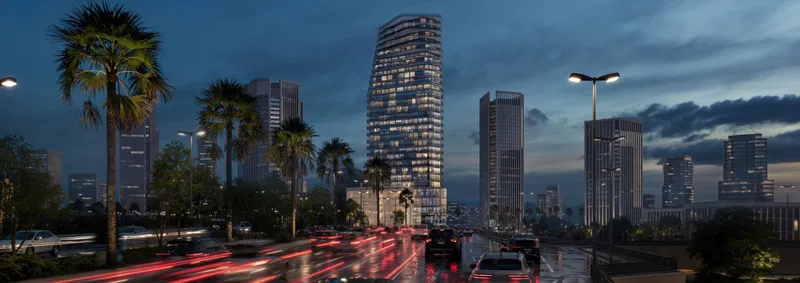 Marlin Icon tower lit at night above a palm-lined road on Al Reem Island (developer render)