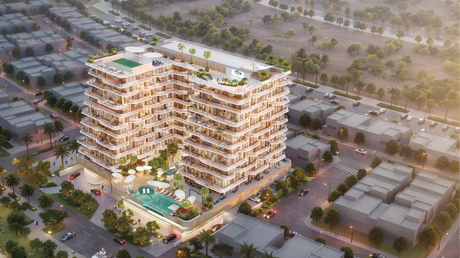 Aerial view of Marquis Horizon, a mid-rise building with wavy balconies, a podium pool and a rooftop padel court in Dubai South