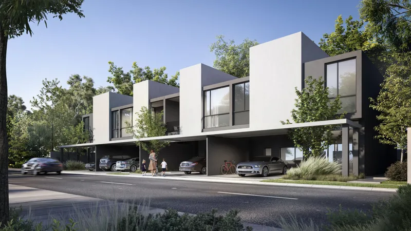 Render of four-bedroom townhouses at Dalia, Masaar 3, seen from the street