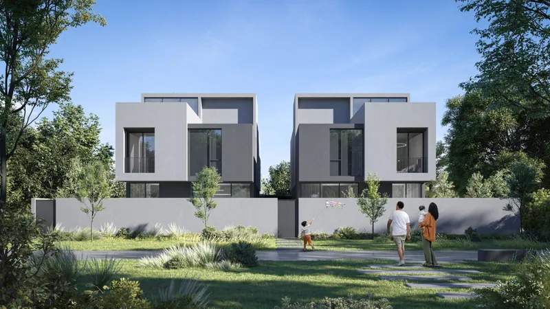 Render of the garden side of four-bedroom villas at Dalia, Masaar 3