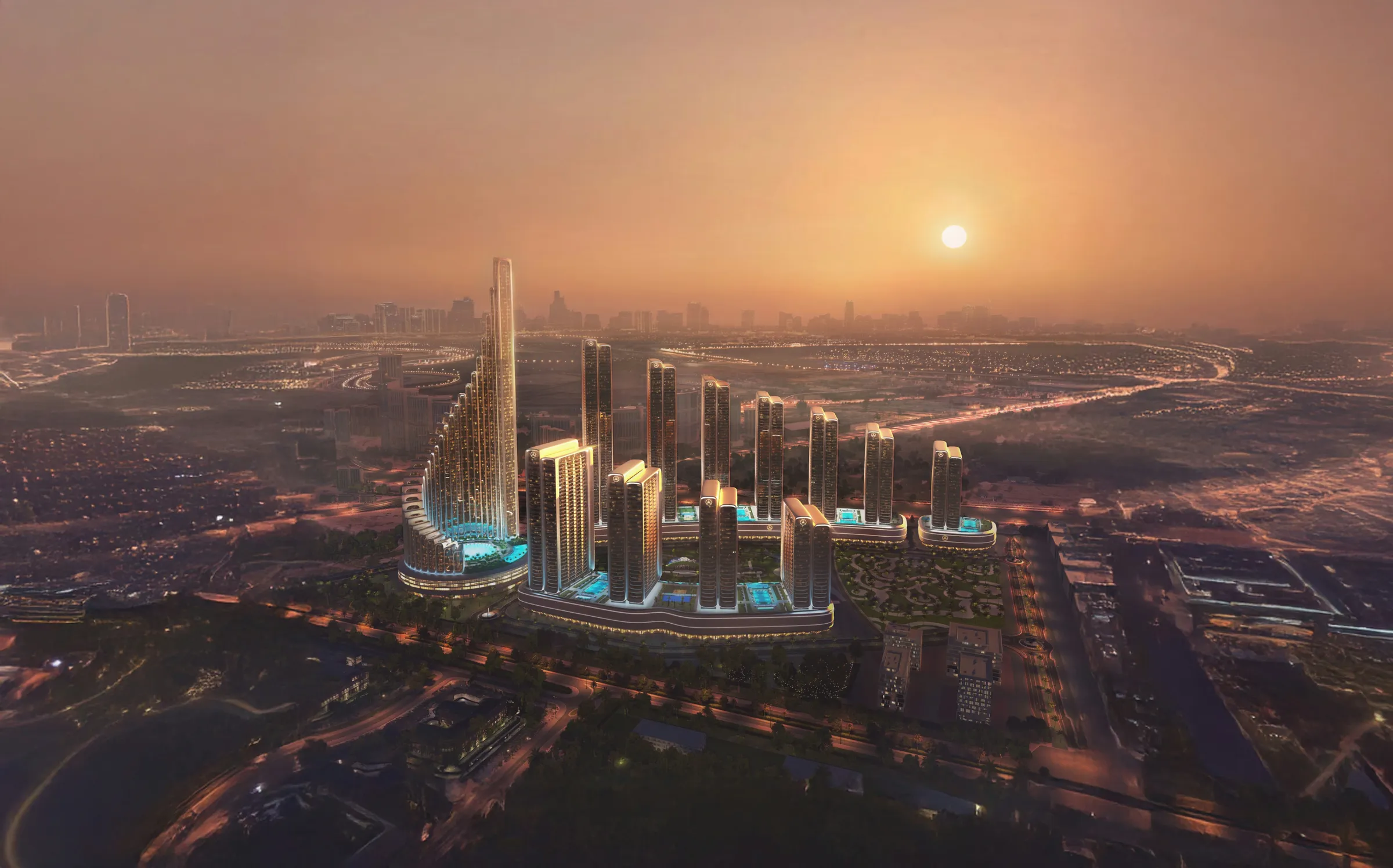 Aerial render of Mercedes-Benz Places Binghatti City at dusk, its towers curving around a central park in Nad Al Sheba