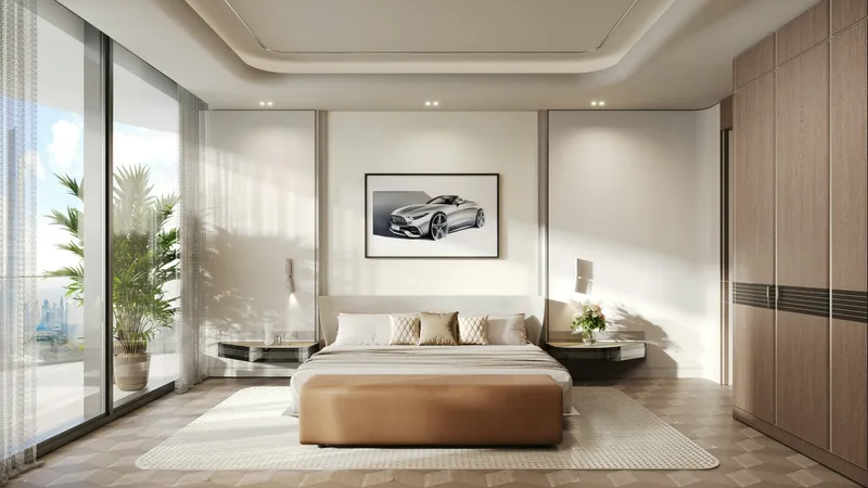Bedroom of a Binghatti City apartment with a full-height window and fitted wardrobes