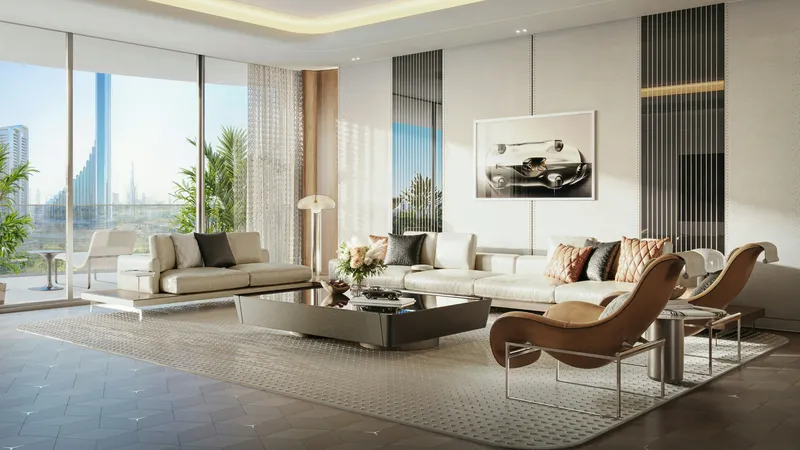 Living room of a Binghatti City apartment with full-height windows and pale stone and timber finishes