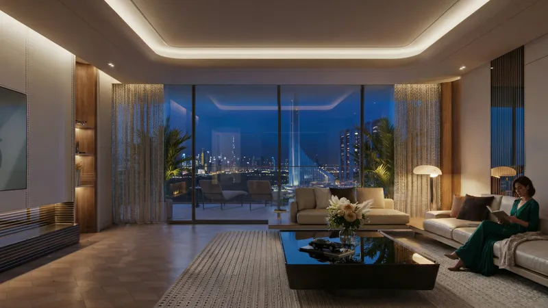 Living room of a Binghatti City apartment at night, looking out to the city lights