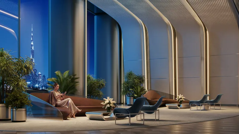 Lobby lounge in Binghatti City with curved full-height glazing and a view of Burj Khalifa at dusk