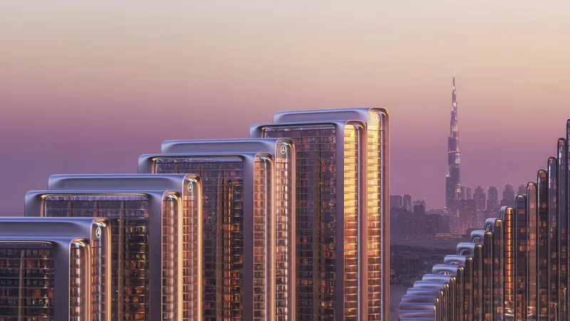 Stepped towers of Binghatti City at dusk with Burj Khalifa and the Downtown Dubai skyline behind