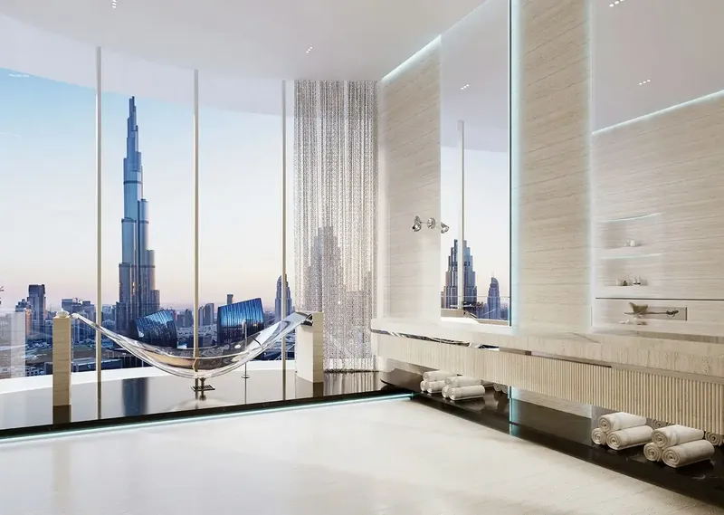 Render of a bathroom with floor-to-ceiling glazing facing the Burj Khalifa at Mercedes-Benz Places | Binghatti