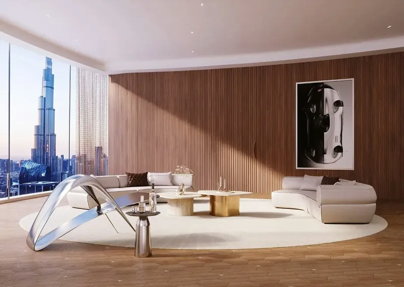 Render of a living room with timber walls and a view of the Burj Khalifa at Mercedes-Benz Places | Binghatti