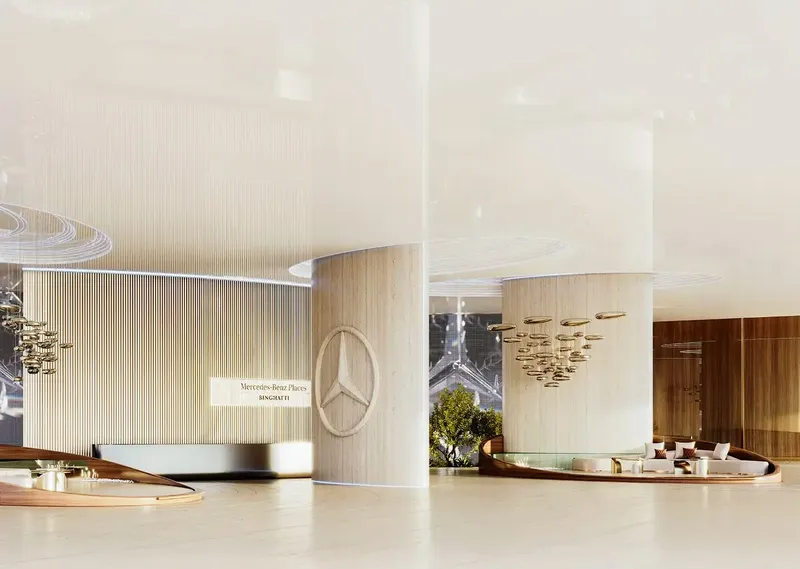 Render of the lobby at Mercedes-Benz Places | Binghatti with curved timber walls and lounge seating
