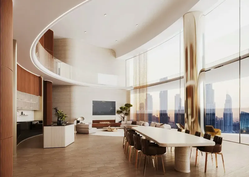 Render of a double-height penthouse living and dining area with skyline views at Mercedes-Benz Places | Binghatti