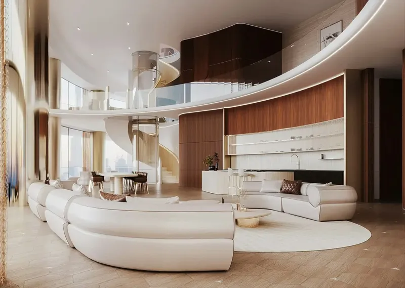 Render of a double-height penthouse living room with a spiral staircase at Mercedes-Benz Places | Binghatti