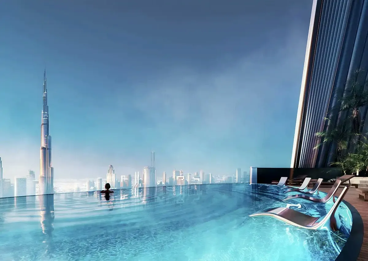 Render of the sky infinity pool at Mercedes-Benz Places | Binghatti, looking towards the Burj Khalifa