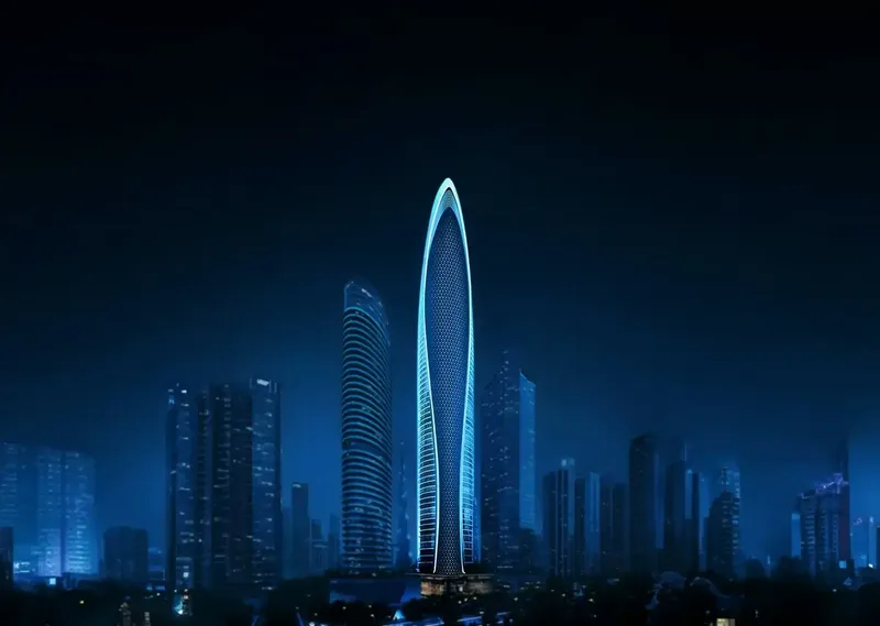 Render of the curved Mercedes-Benz Places | Binghatti tower lit against the evening sky