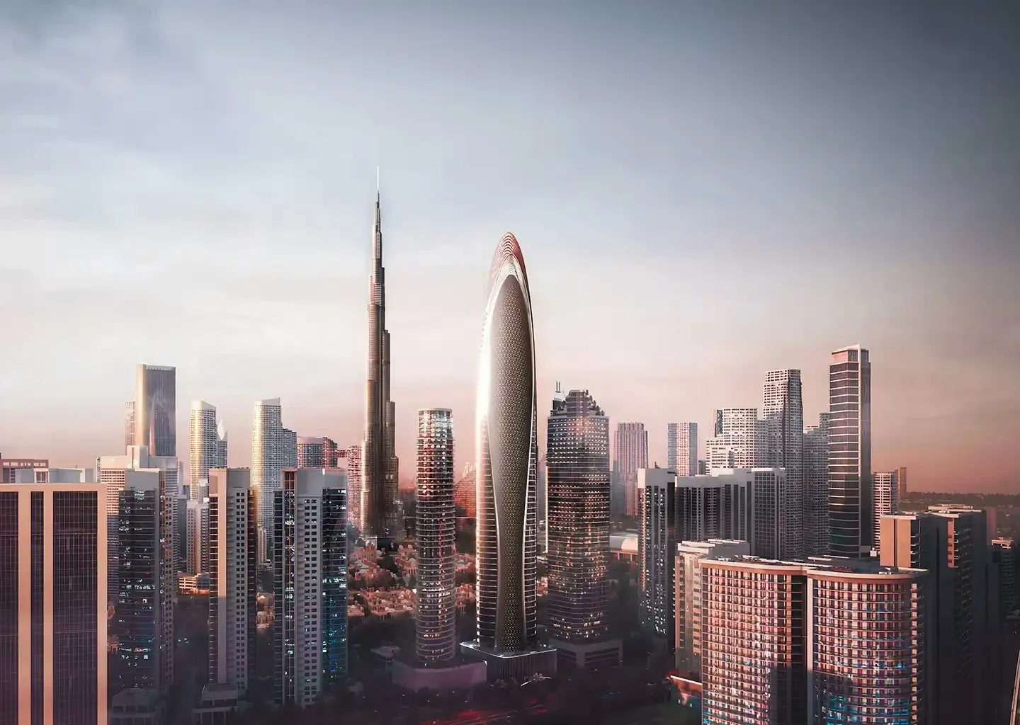 Render of the Mercedes-Benz Places | Binghatti tower in Downtown Dubai at dusk, beside the Burj Khalifa