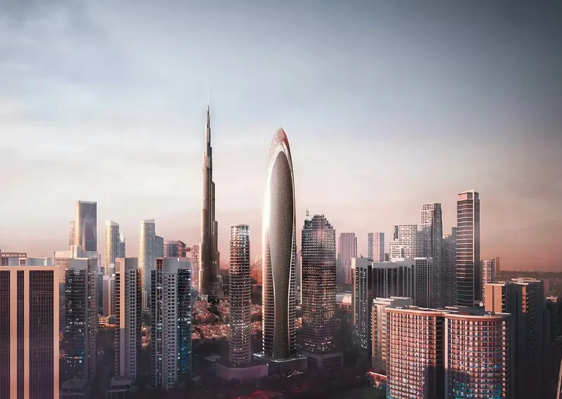 Render of the Mercedes-Benz Places | Binghatti tower in Downtown Dubai at dusk, beside the Burj Khalifa