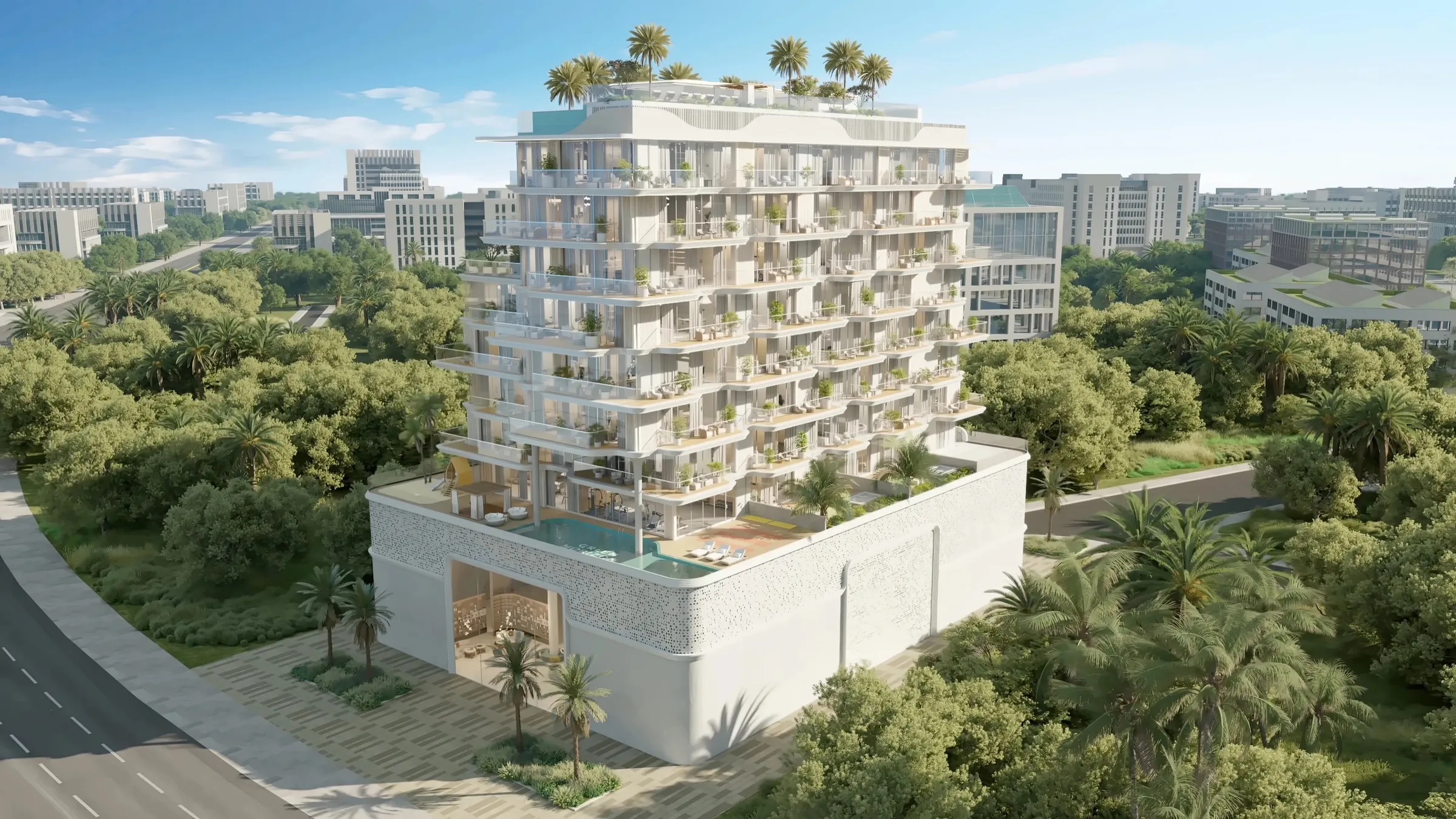 Aerial view of the low-rise Meriden Beach Residences building with planted balconies and a podium pool