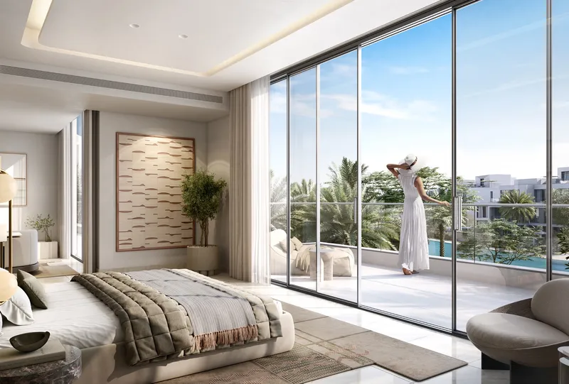 Interior render of a Mirage bedroom opening onto a balcony with views over the community