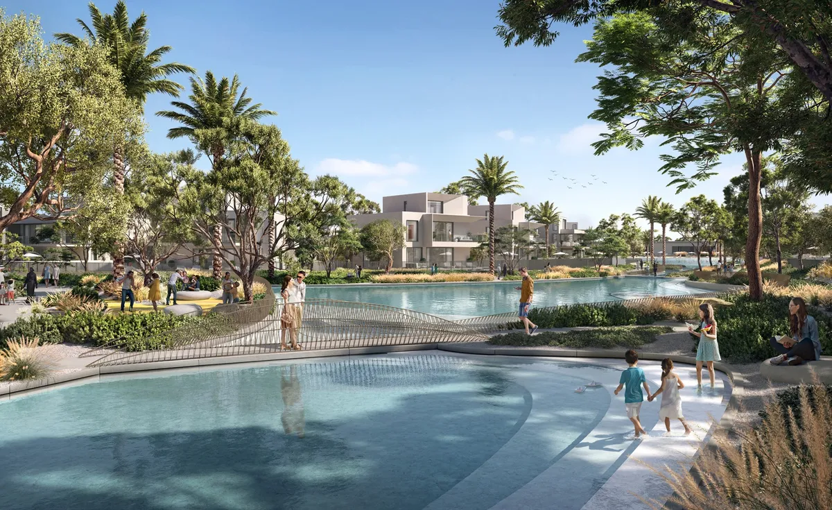 Render of a stepping-stone walkway across a lagoon with residents and villas among palm trees