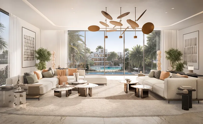 Interior render of a Mirage living room with full-height glazing looking out to the lagoon